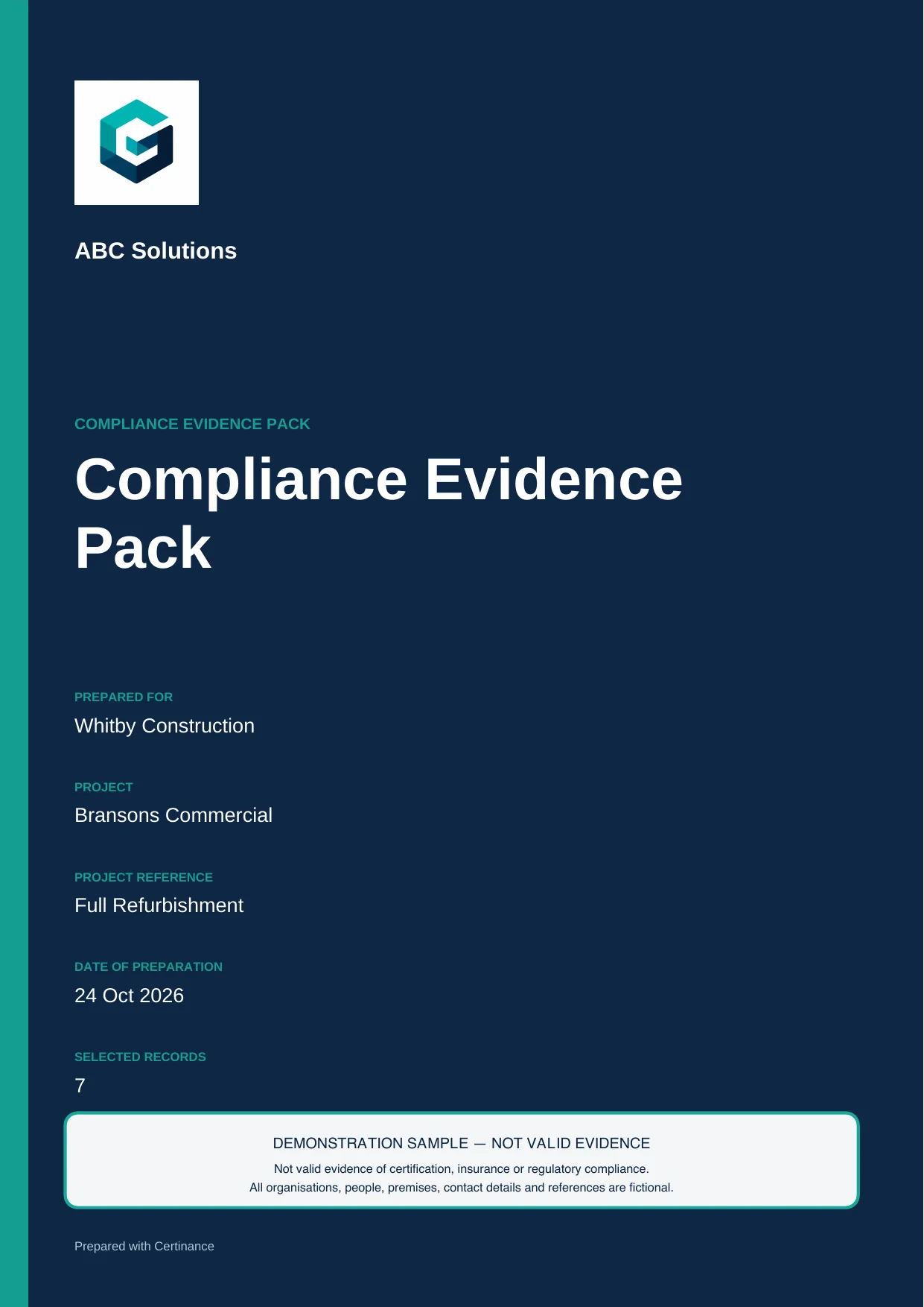 Cover of the fictional Certinance sample Compliance Evidence Pack